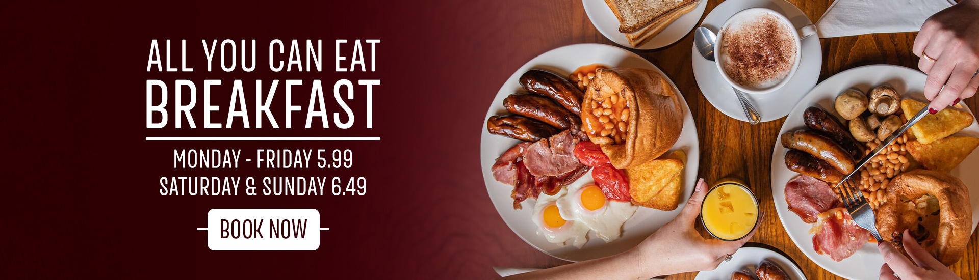 A promotional photograph of an All You Can Eat Breakfast at Toby Carvery, including sausages, hash browns, baked beans and fried egg.